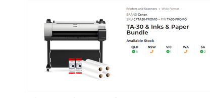 Canon TA-30 Promo Bundle includes FREE CAD-BLZ/36/50 paper, CI030B & CI030MB inks